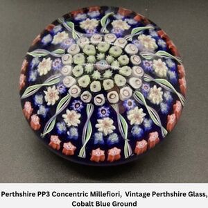 Vintage Perthshire Glass PP3 Concentric Millefiori Paperweight Blue Ground 3.25